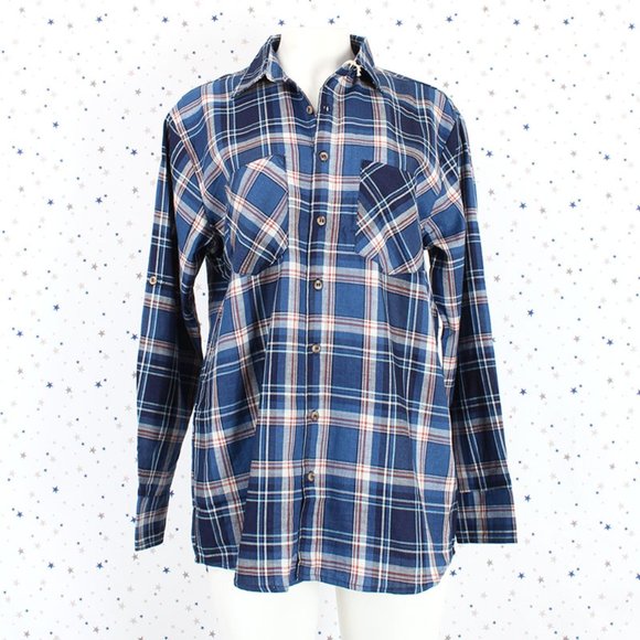 Boyfriend Plaid Shirt Button Up Navy Blue One Size - Picture 3 of 6